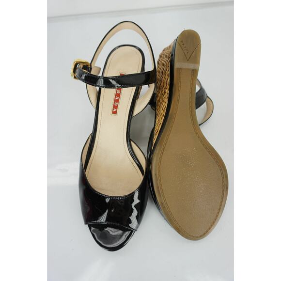 Prada Sport Black Patent Ankle Strap Woven Raffia Wedge Heel Sandals - Picture 10 of 12